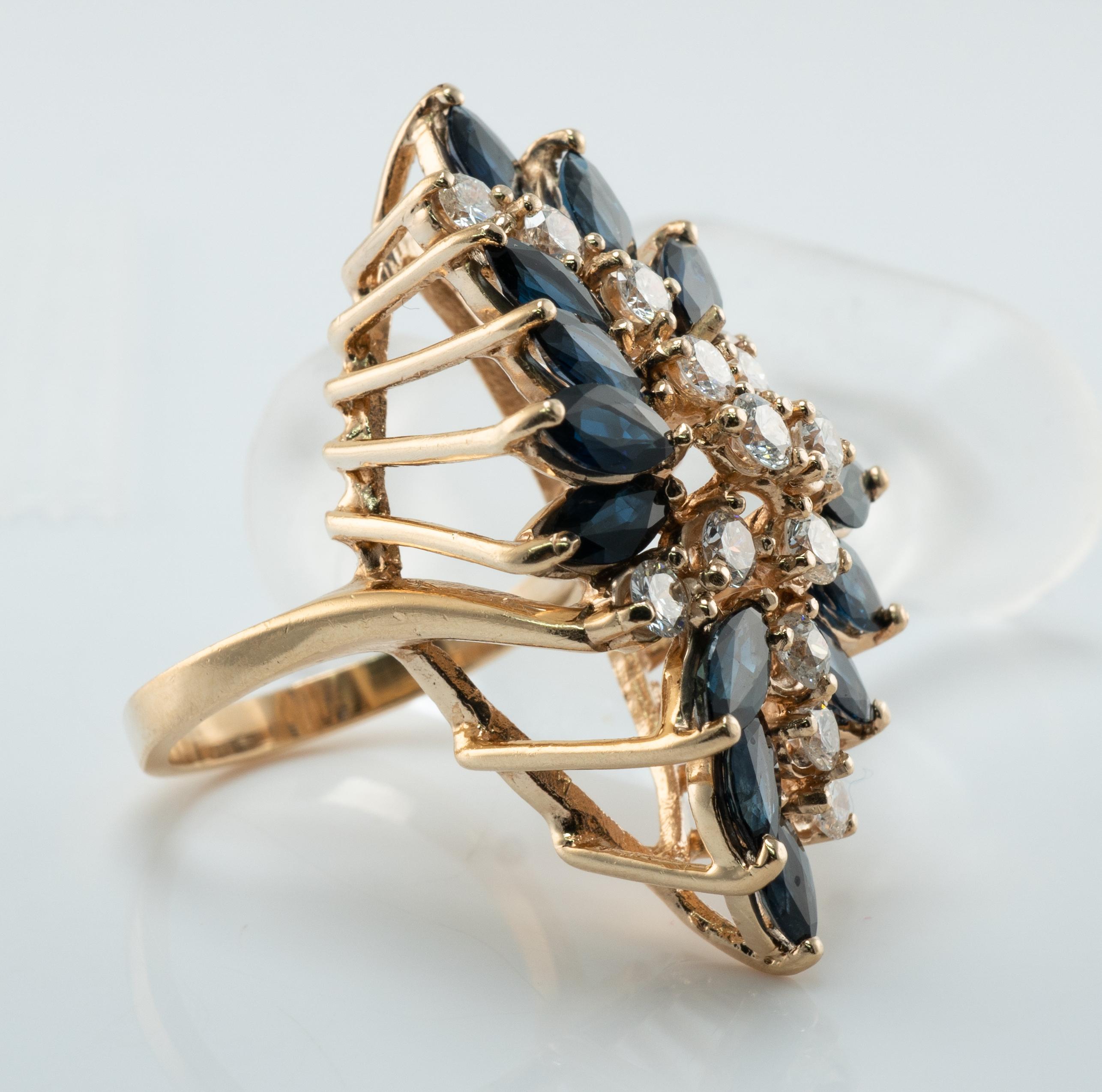 Anillo Zafiro Diamante Natural Flor Vintage Oro 14K Cocktail Cascada en venta 4