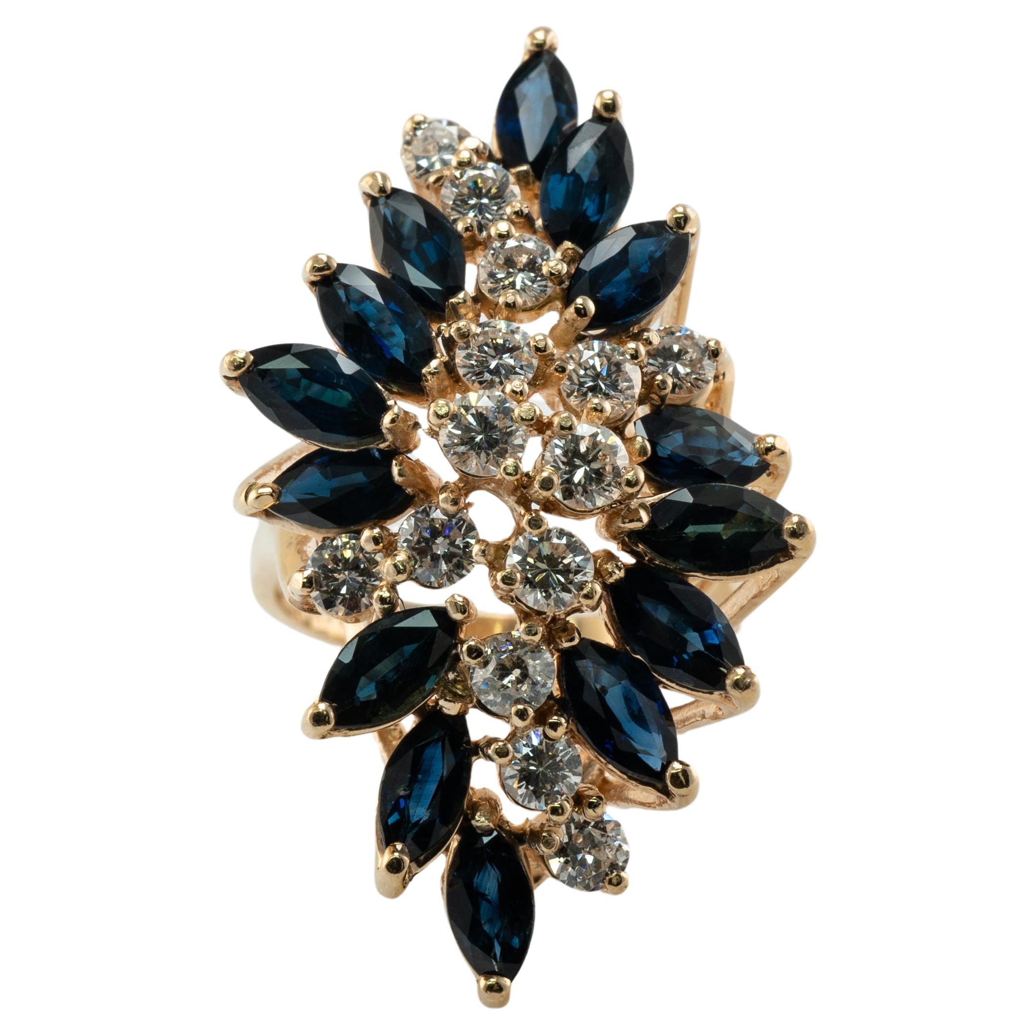 Anillo Zafiro Diamante Natural Flor Vintage Oro 14K Cocktail Cascada en venta