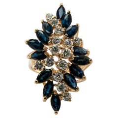 Anillo Zafiro Diamante Natural Flor Vintage Oro 14K Cocktail Cascada