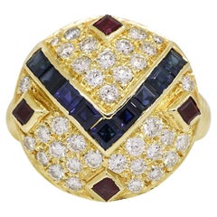 Natural Diamond, Sapphire & Ruby 18 Karat Art Deco Ring In Stock