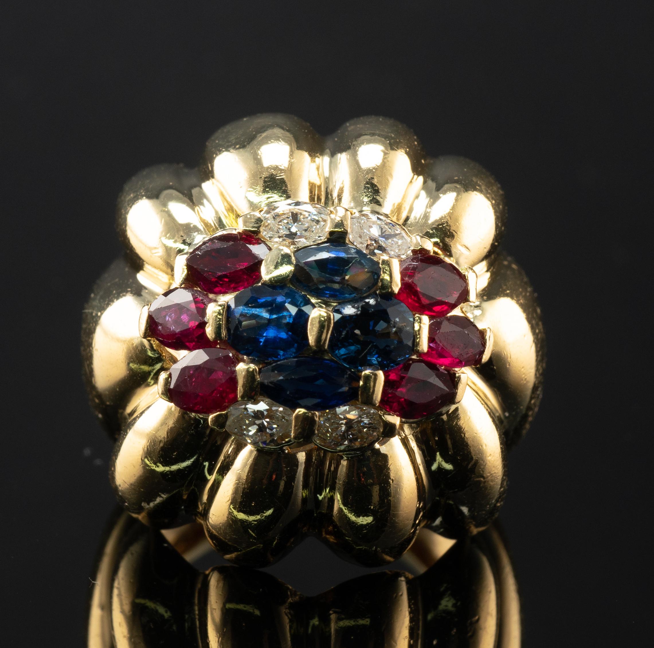 Natural Diamond Sapphire Ruby Dome Band Ring 18k Gold Vintage For Sale 6