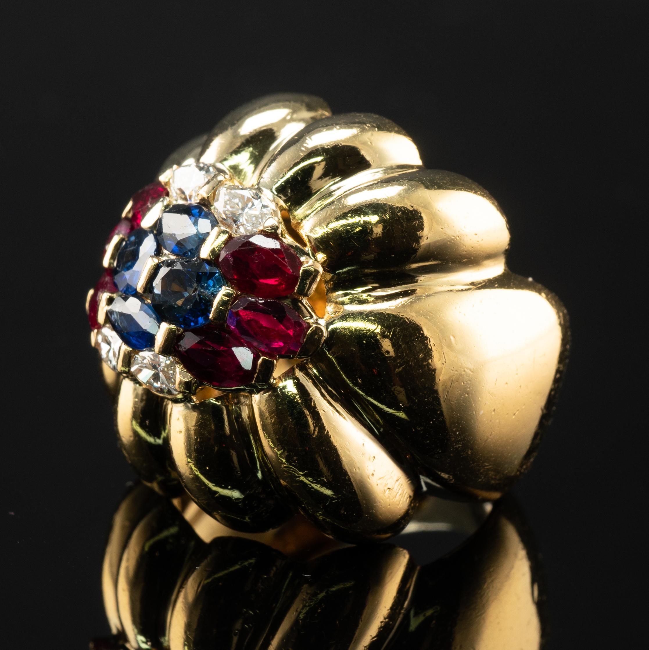 Natural Diamond Sapphire Ruby Dome Band Ring 18k Gold Vintage For Sale 8