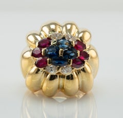 Natural Diamond Sapphire Ruby Dome Band Ring 18k Gold Vintage