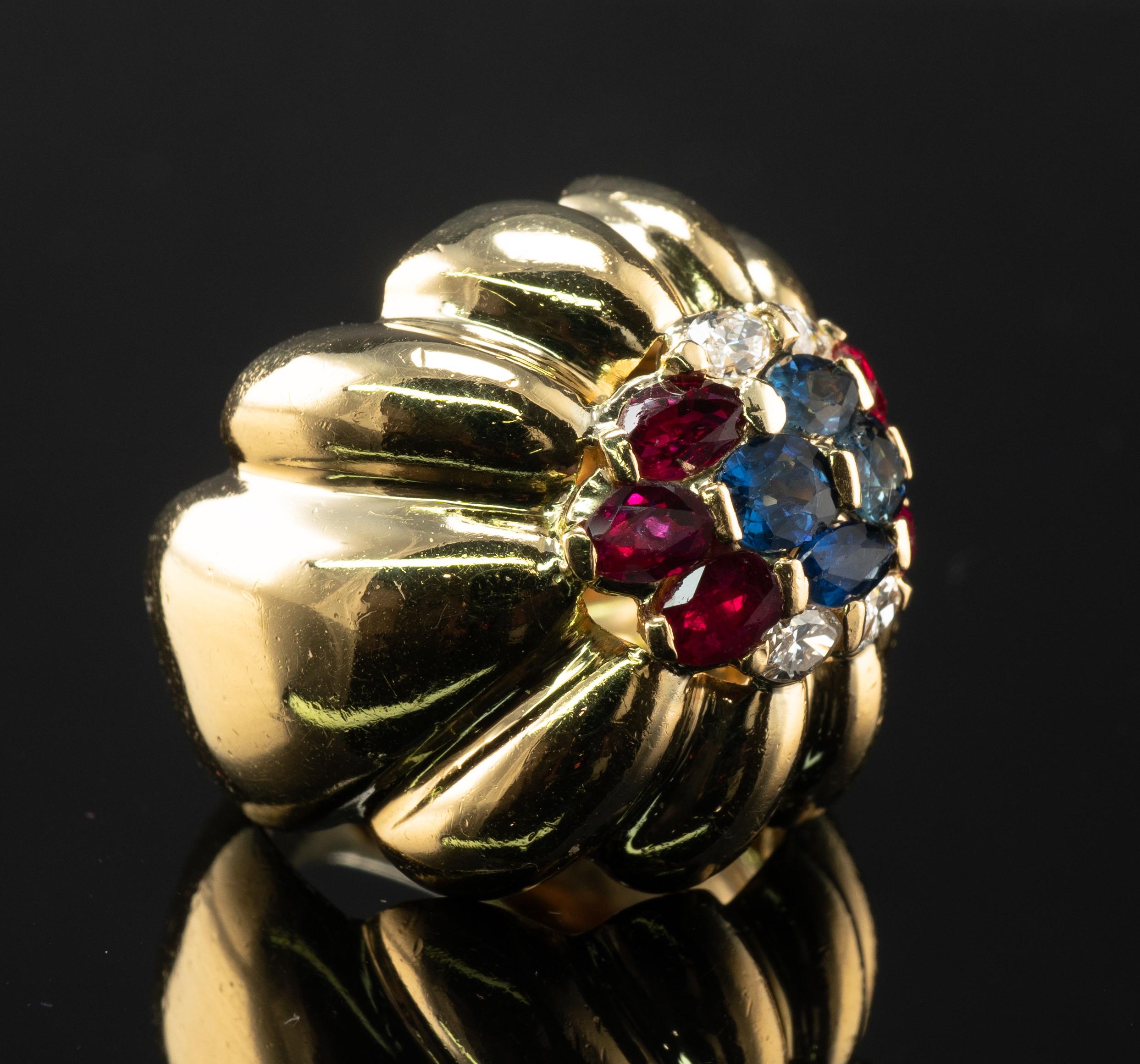 Natural Diamond Sapphire Ruby Dome Band Ring 18k Gold Vintage For Sale 3