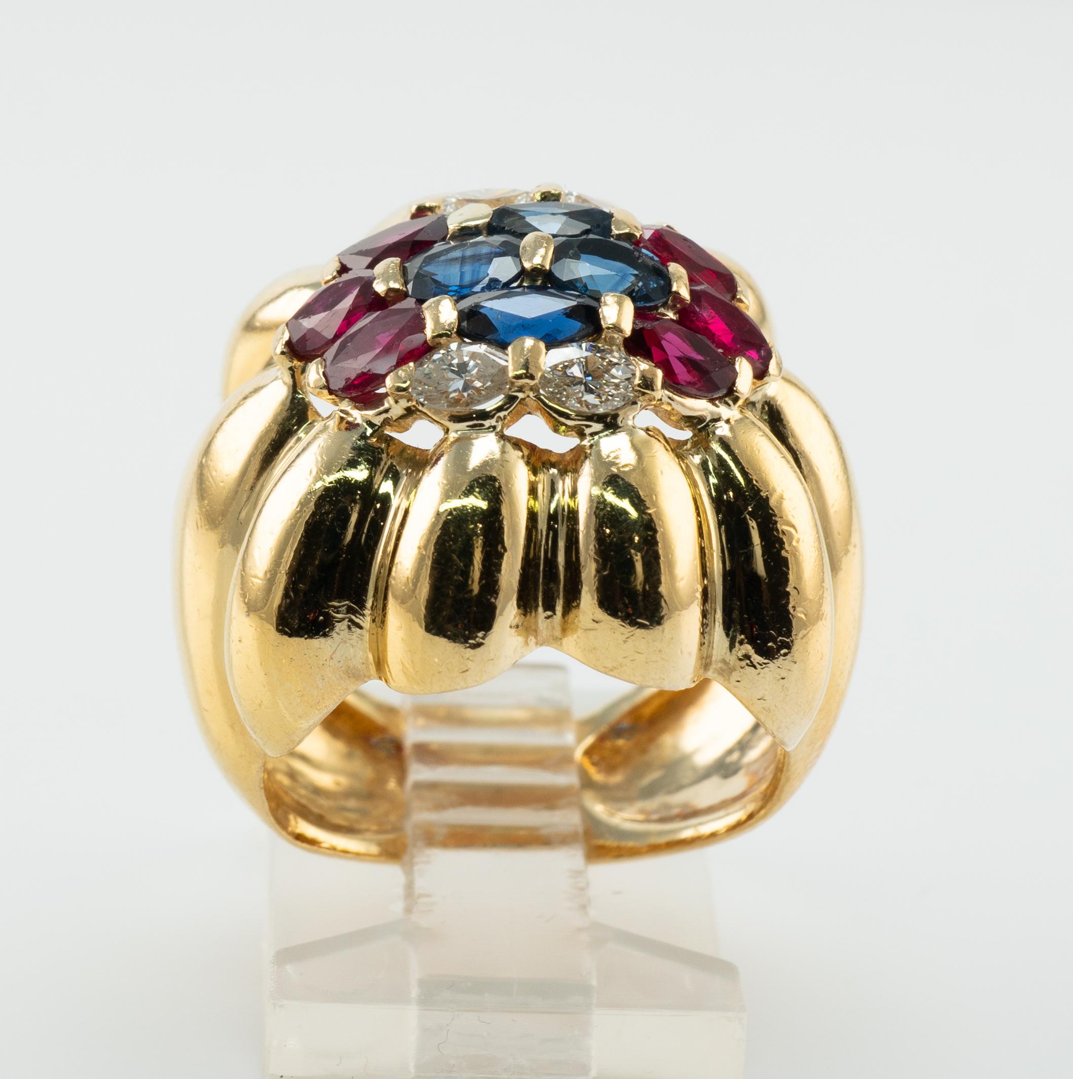 Natural Diamond Sapphire Ruby Dome Band Ring 18k Gold Vintage For Sale 4