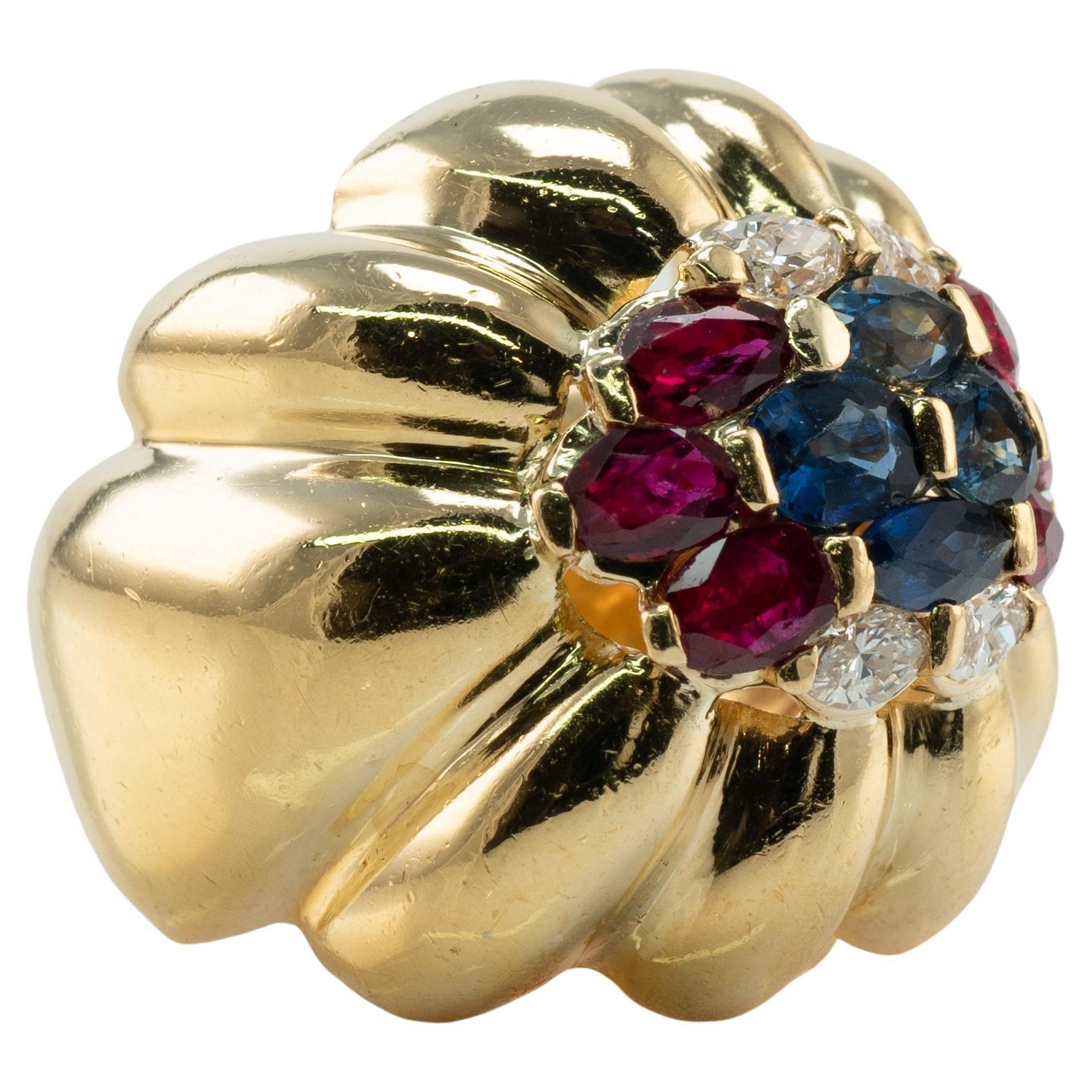 Nature Diamond Sapphire Ruby Dome Band Ring 18K Gold Vintage