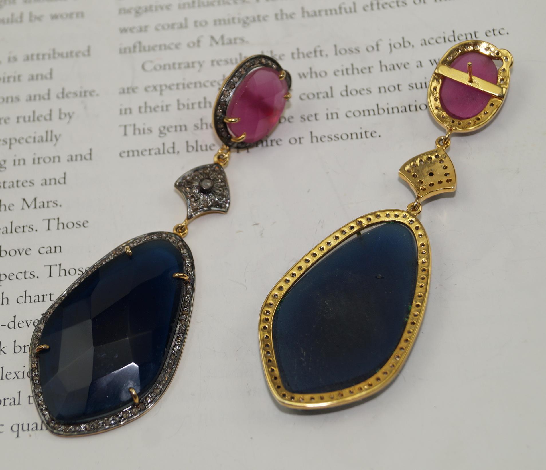 Art Nouveau Natural diamond semiprecious antique look sterling silver dangler earrings For Sale