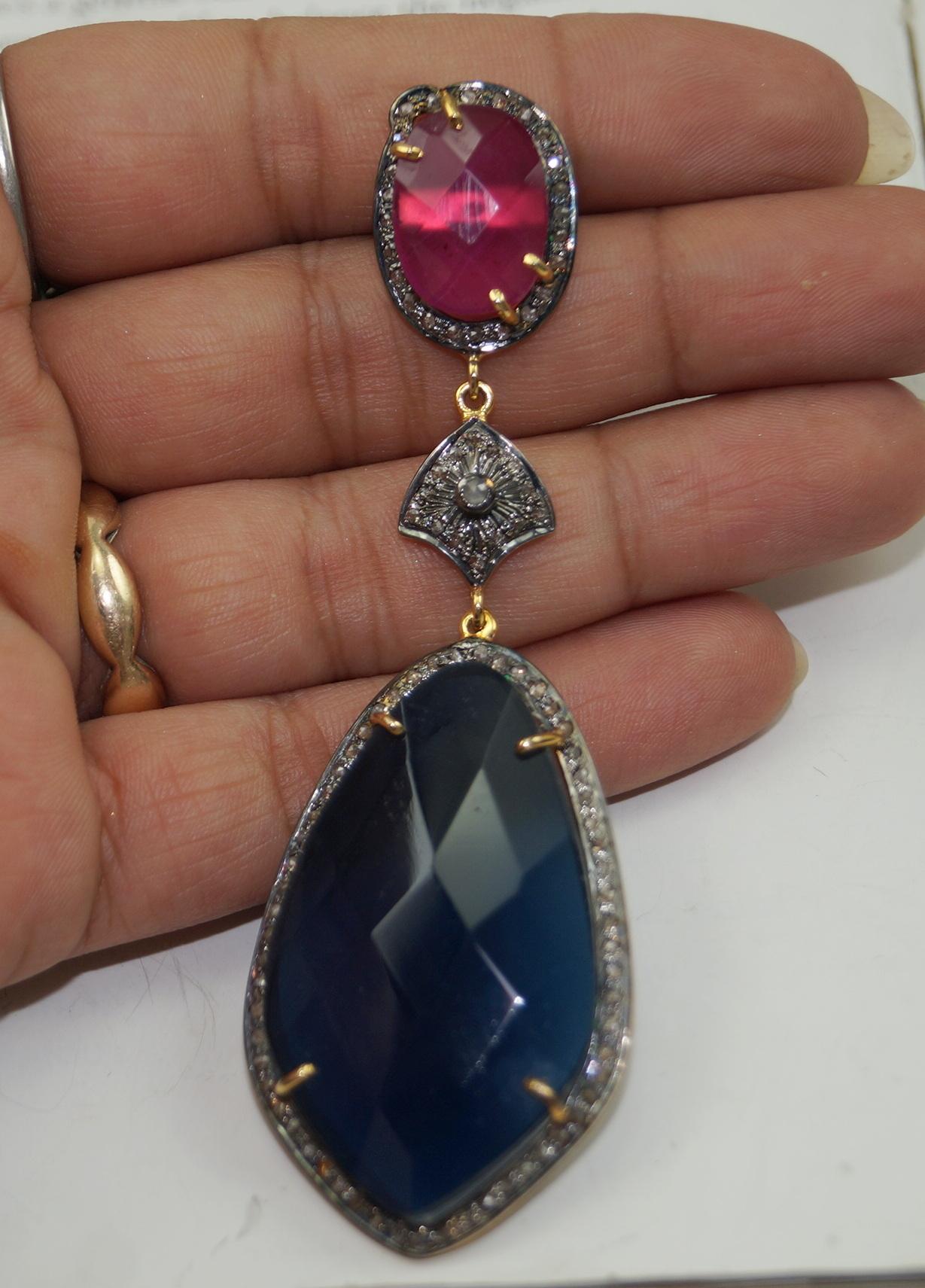 Rose Cut Natural diamond semiprecious antique look sterling silver dangler earrings For Sale