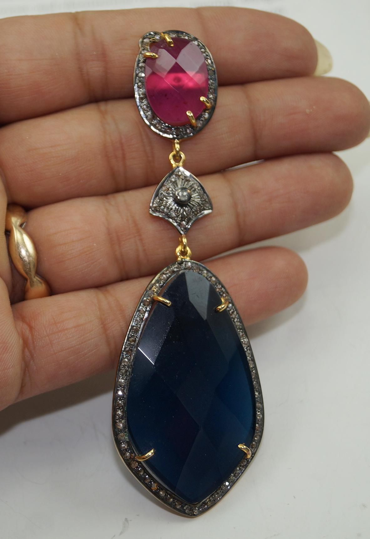 Natural diamond semiprecious antique look sterling silver dangler earrings In New Condition For Sale In Delhi, DL
