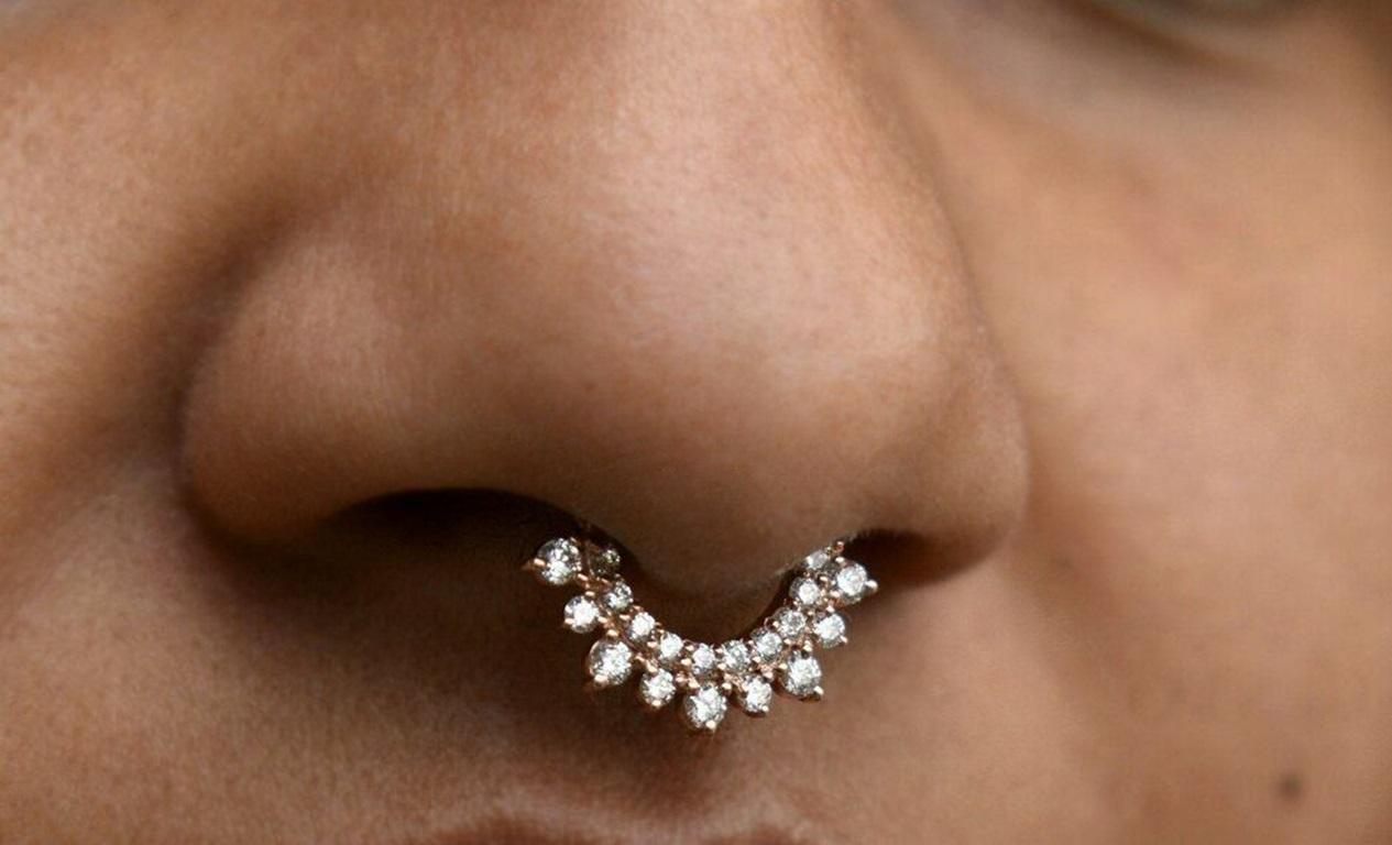 Round Cut Natural Diamond Septum Clicker Nose Ear Body Piercing 14k Gold For Sale