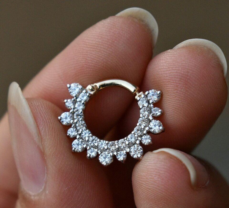 Natural Diamond Septum Clicker Nose Ear Body Piercing 14k Gold In New Condition For Sale In Chicago, IL