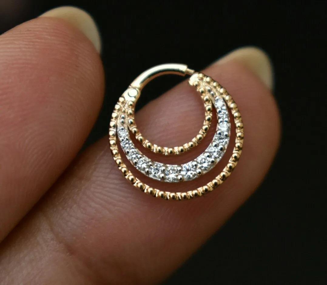 Taille ronde Créole Septum Clicker Piercing en or 14k à 3 lignes concentriques avec diamant naturel en vente