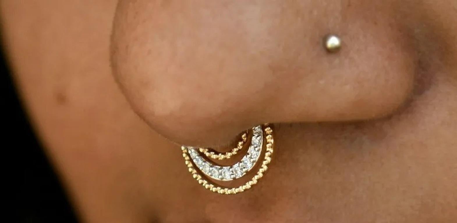 Créole Septum Clicker Piercing en or 14k à 3 lignes concentriques avec diamant naturel Neuf - En vente à Chicago, IL