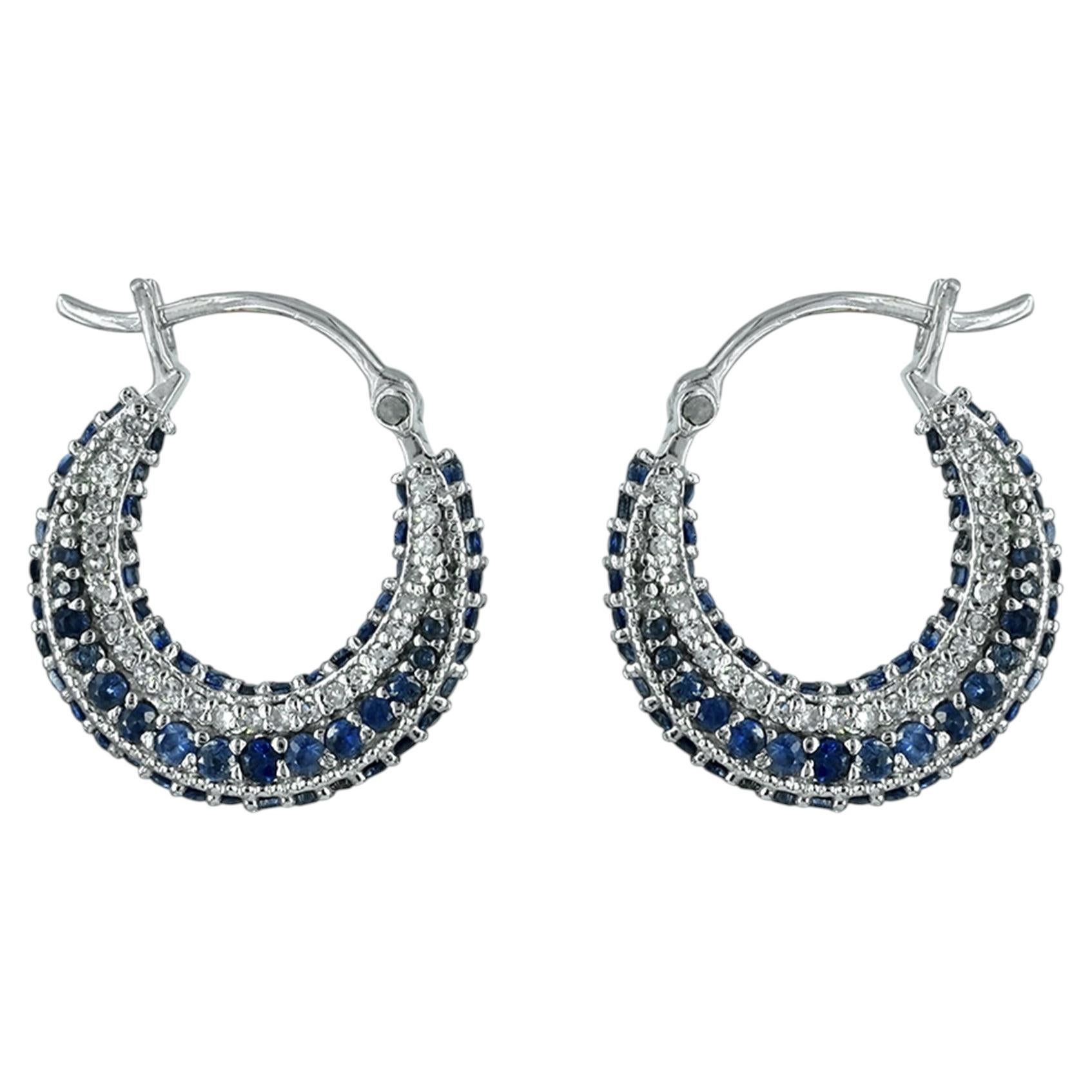 Boucles d'oreilles créoles en or blanc massif 14 carats, ornées d'un diamant naturel et d'un saphir bleu