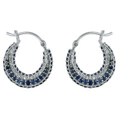 Natural Diamond Solid 14k White Gold Blue Sapphire Gemstone Hoop Earrings