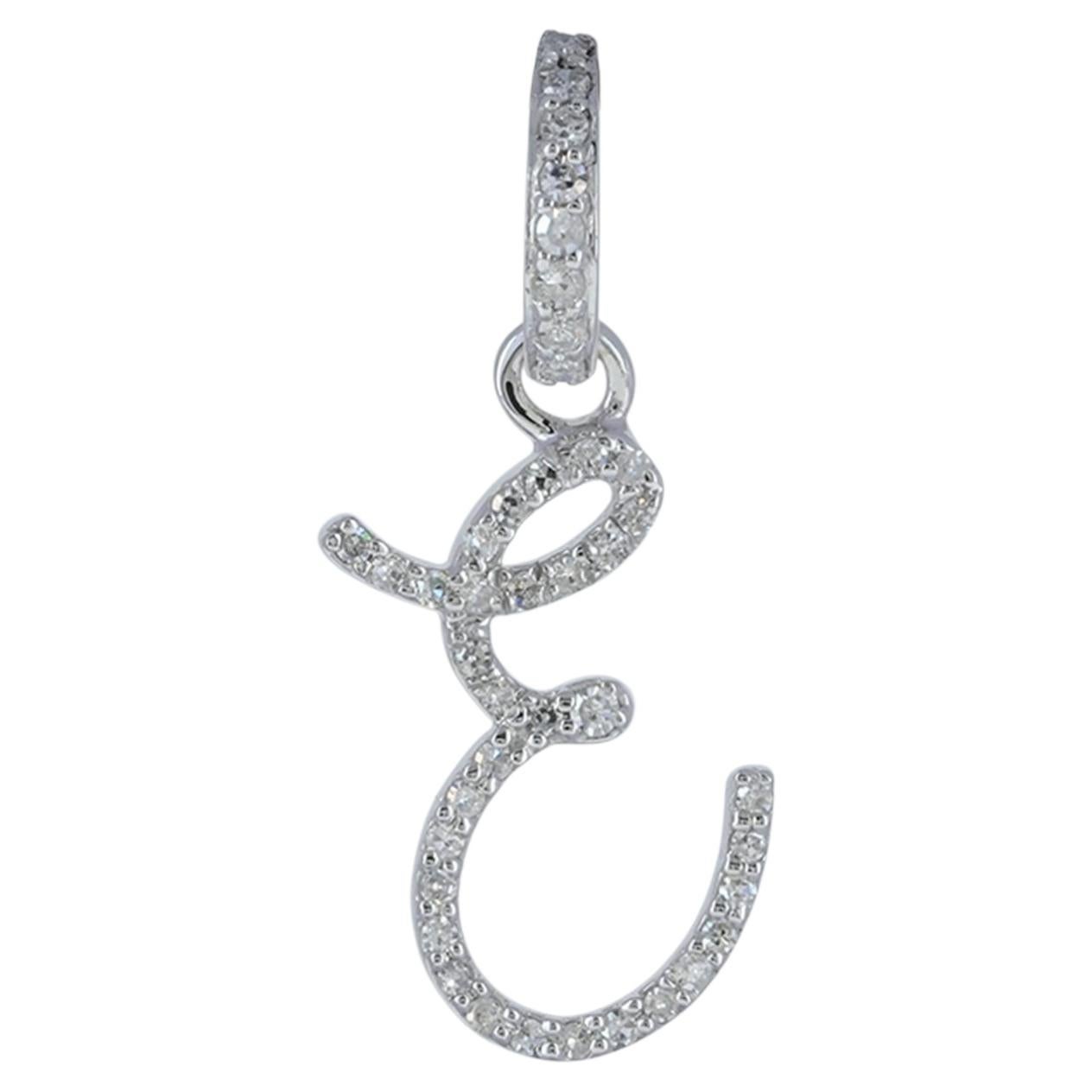 Natural Diamond Solid 14k White Gold Designer E Letter Initail Charm Pendant