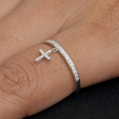 Natural Diamond Solid 14k White Gold FineJewelry Cross Charm Delicate Band Ring
