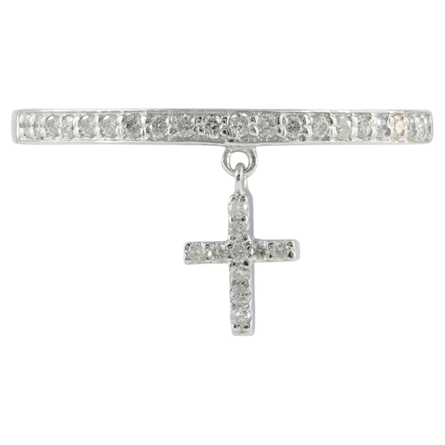 Anello con charme a forma di croce in oro bianco massiccio 14k con diamante naturale, gioiello di alta gioielleria, con fascia delicata