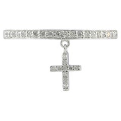 Natural Diamond Solid 14k White Gold FineJewelry Cross Charm Delicate Band Ring