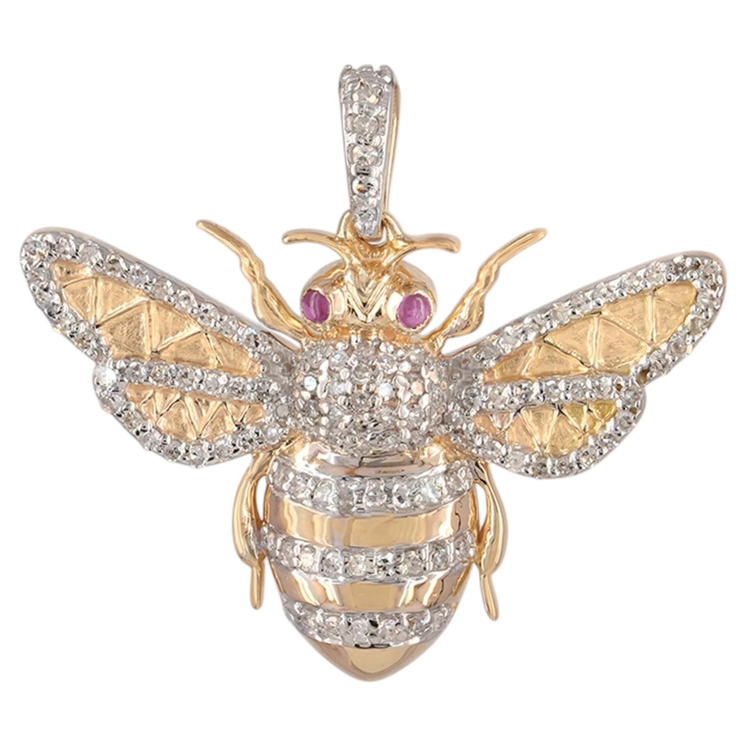 Natural Diamond Solid 14k Yellow Gold Bee Insect Pendant Ruby Charm Jewelry