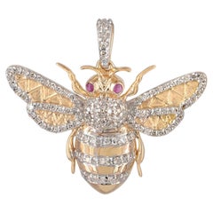 Natural Diamond Solid 14k Yellow Gold Bee Insect Pendant Ruby Charm Jewelry