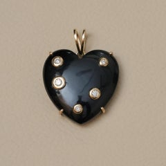 Natural Diamond Solid 14k Yellow Gold Black Onyx Gemstone Heart Charm Pendant