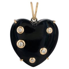 Natural Diamond Solid 14k Yellow Gold Black Onyx Gemstone Heart Charm Pendant
