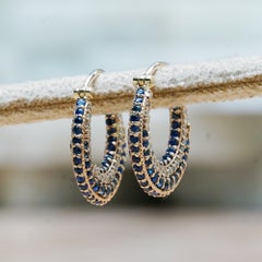 Natural Diamond Solid 14k Yellow Gold Blue Sapphire Gems Huggie Hoop Earrings