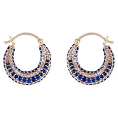 Natural Diamond Solid 14k Yellow Gold Blue Sapphire Gems Huggie Hoop Earrings