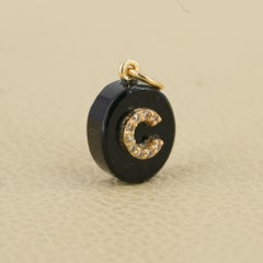 Natural Diamond Solid 14k Yellow Gold C Initial Charm Pendant Black Onyx Jewelry