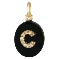 Natural Diamond Solid 14k Yellow Gold C Initial Charm Pendant Black Onyx Jewelry