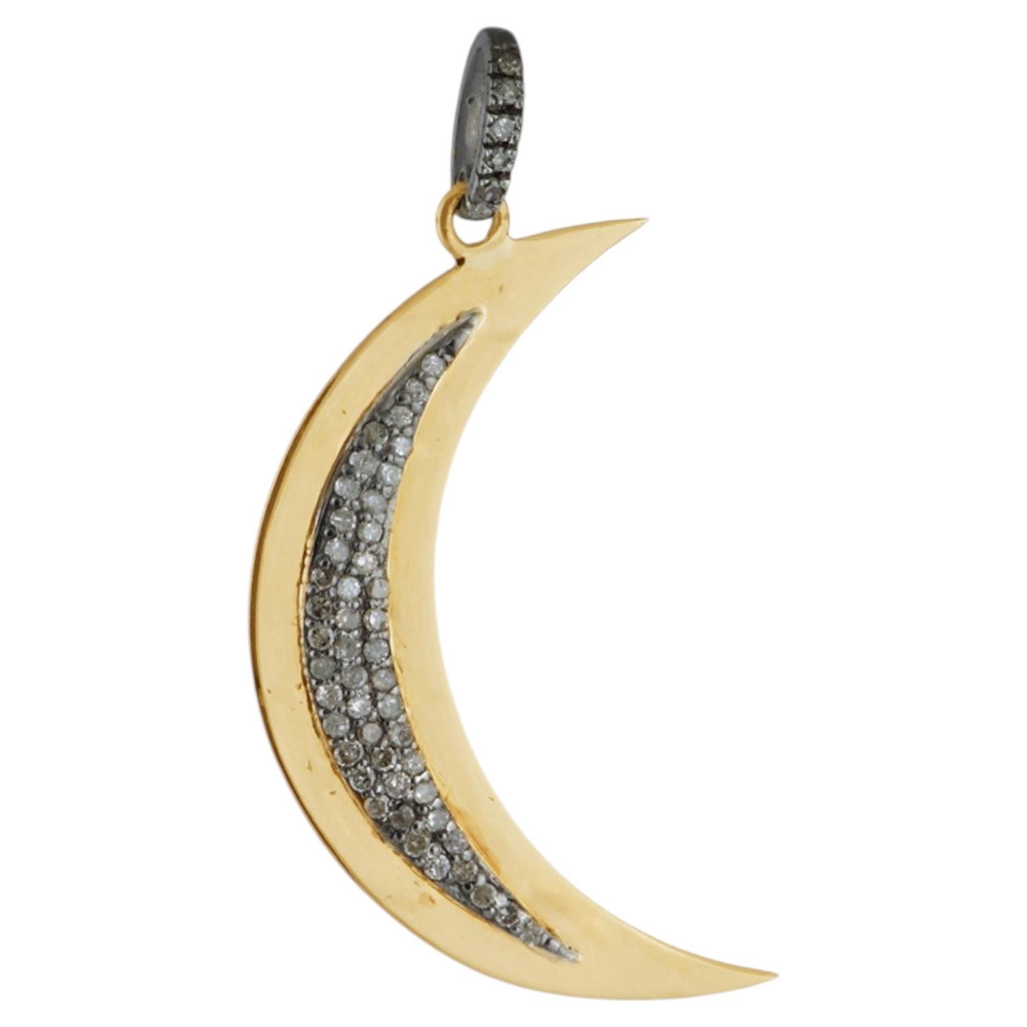 Natural Diamond Solid 14k Yellow Gold Crescent Half Moon Charm Pendant Jewelry