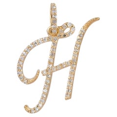 Natural Diamond Pave Solid 14K Yellow Gold H Initial Charm Pendant Fine Jewelry