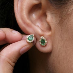 Natural Diamond Solid 14k Yellow Gold Jewelry Green Emerald Gems Studs Earrings