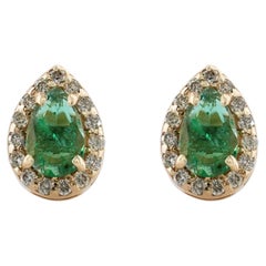 Natural Diamond Solid 14k Yellow Gold Jewelry Green Emerald Gems Studs Earrings
