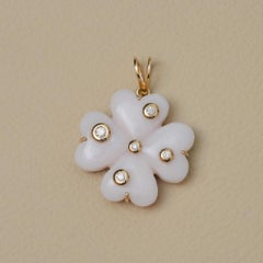 Natural Diamond Solid 14k Yellow Gold Pink Opal Gemstone Clover Charm Pendant