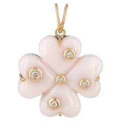 Natural Diamond Solid 14k Yellow Gold Pink Opal Gemstone Clover Charm Pendant