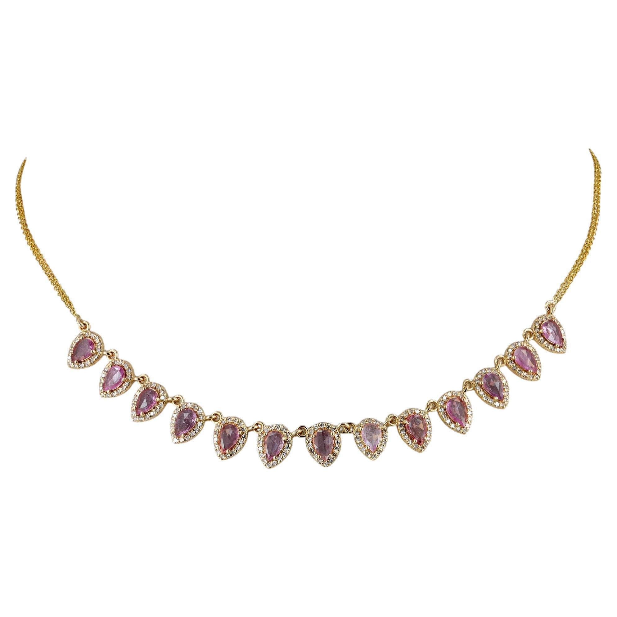 Collar de 45 cm de oro amarillo macizo de 14 quilates con diamantes naturales y zafiros rosas en venta