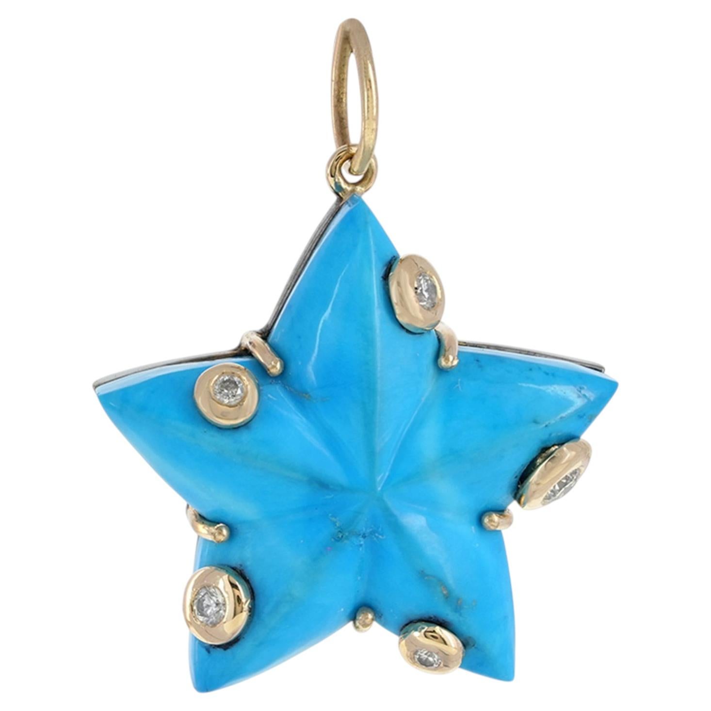 Colgante con diamante natural, oro amarillo macizo de 14k y turquesa en forma de estrella