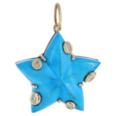 Natural Diamond Solid 14k Yellow Gold Turquoise Gemstone Star Charm Pendant