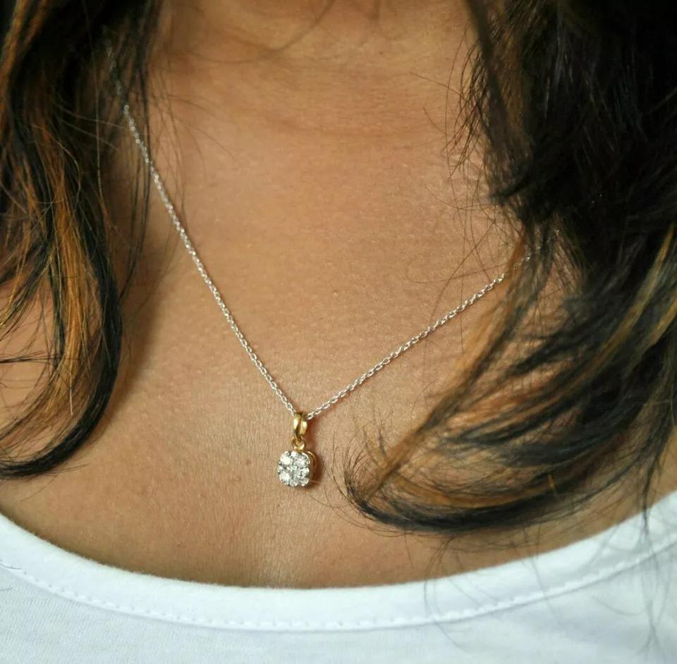 Round Cut Natural Diamond Square Pendant Charm Necklace in 14k Yellow Gold For Sale