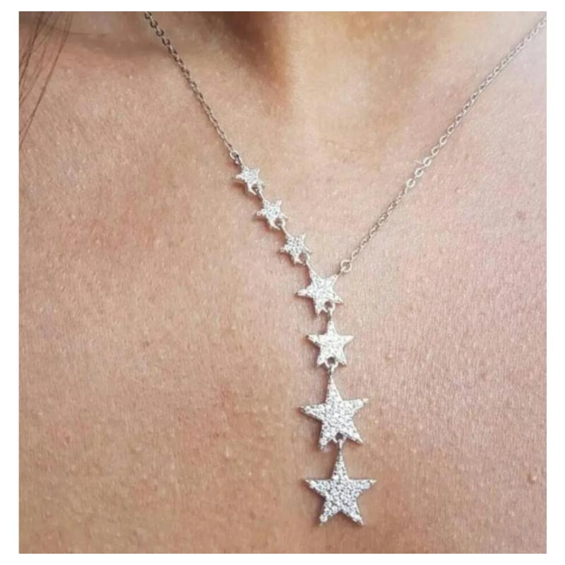 Round Cut Natural Diamond Star Necklace in 14K Solid Gold For Sale