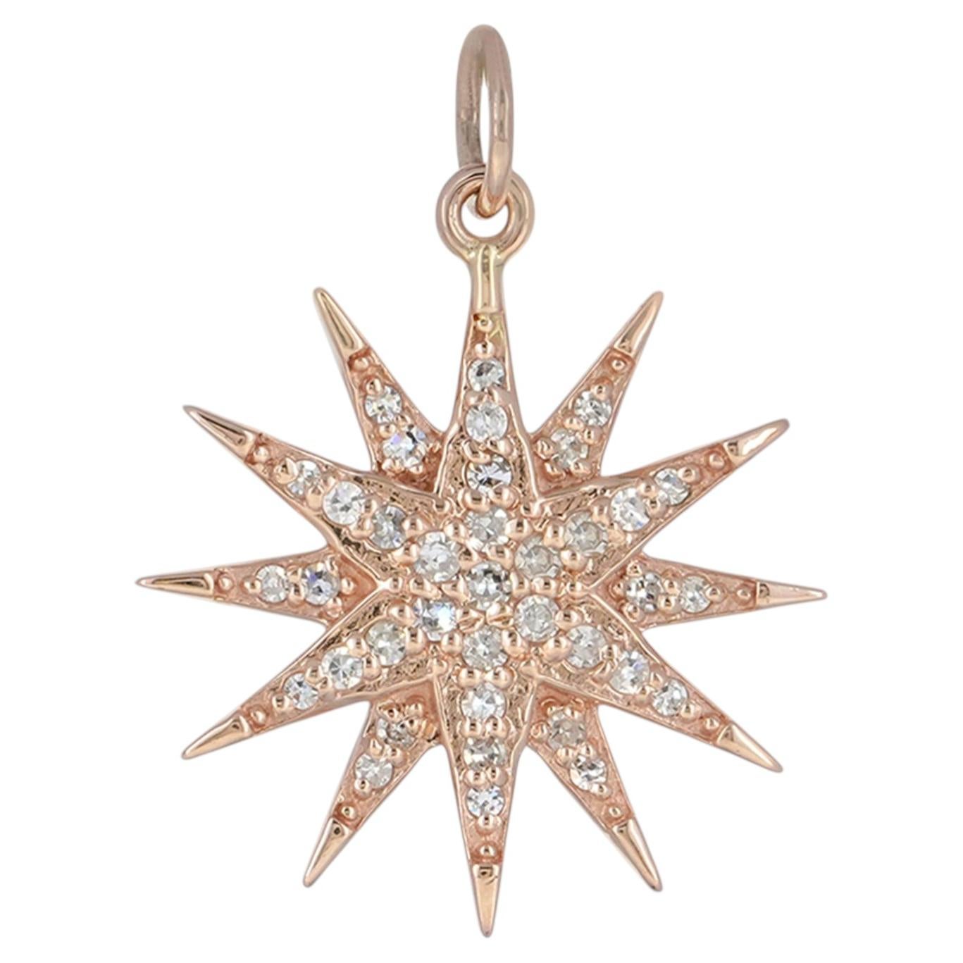 Natural Diamond Starburst Charm Solid 14k Rose Gold Star Pendant Fine Jewelry