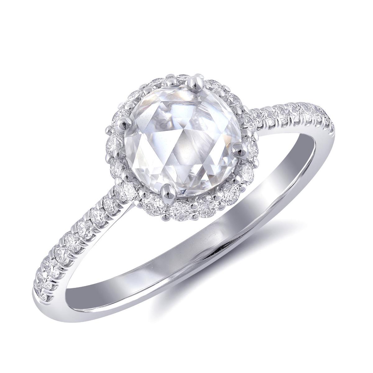 Discover elegant 18K white gold ring features a stunning natural rose cut diamond, beautifully complemented by accent diamonds. The unique rose cut gives the center stone a vintage appeal, while the accent diamonds add a touch of sparkle. The ring