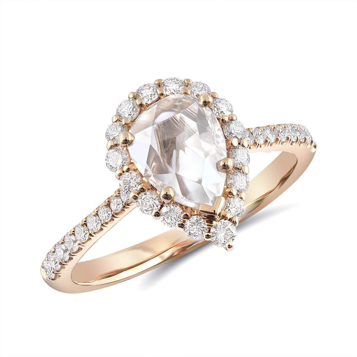 Discover elegant 18K rose gold ring showcases a beautiful natural rose cut diamond, complemented by sparkling accent diamonds. The combination of rose gold and diamonds creates a warm and luxurious look, perfect for any occasion. Certified by the