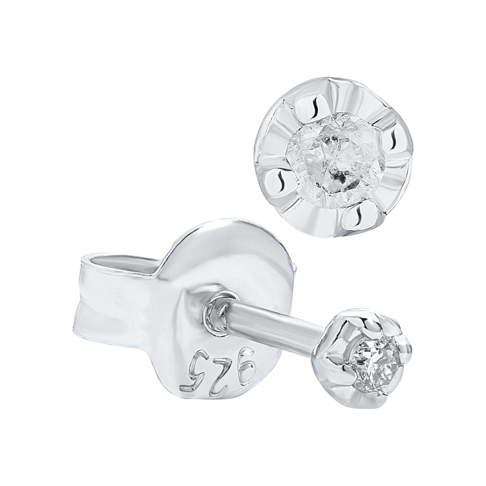 Natural Diamond Stud Earrings in 14k White Gold Plated 925 Sterling Silver For Sale
