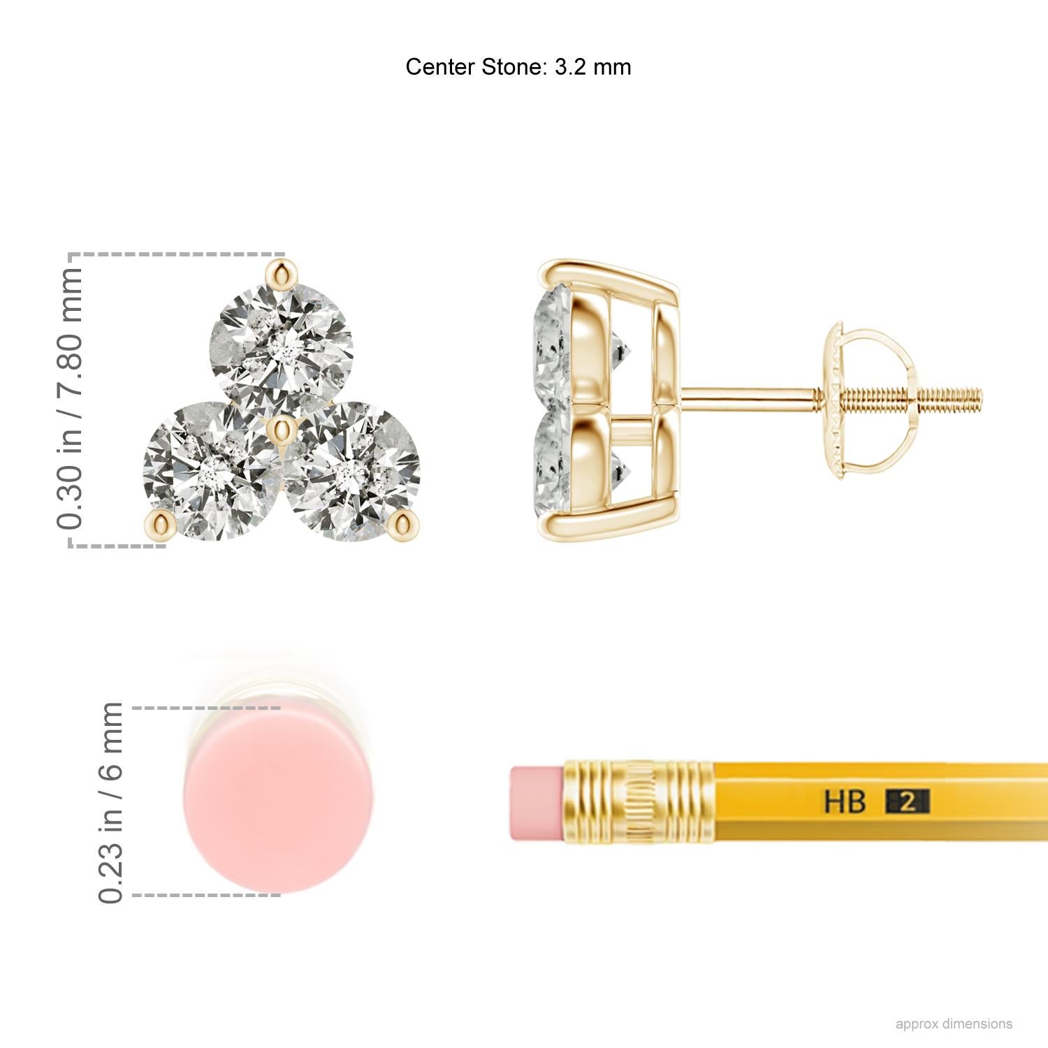 Trios of sparkling round diamonds are held in a shared prong setting to look like fascinating clusters on these stud earrings. Their glimmering white allure will enchant you and accentuate your look in a beautiful way. Crafted in 14K yellow gold,