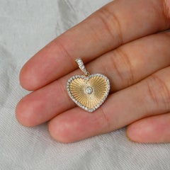 Natural Diamond Sunburst Heart Pendant 14K Solid Yellow Gold Charm for Gift