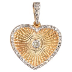 Natural Diamond Sunburst Heart Pendant 14K Solid Yellow Gold Charm for Gift