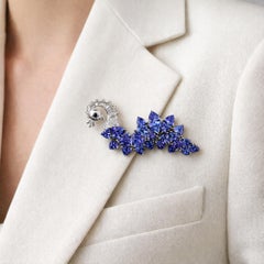 Natural Diamond Tanzanite & Blue Sapphire Peacock Brooch 14k White Gold